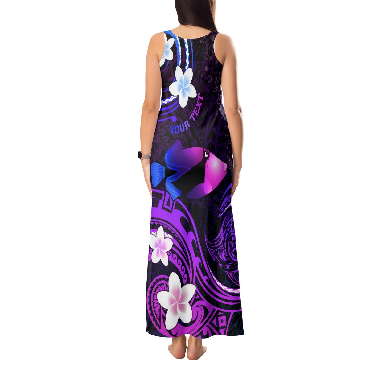 Personalised Hawaii Humuhumu Reef Triggerfish Tank Maxi Dress Violet With Plumeria LT05 - Polynesian Pride