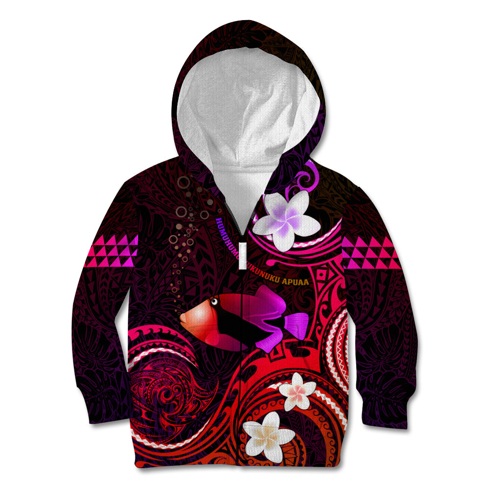 Personalised Hawaii Humuhumu Reef Triggerfish Kid Hoodie Maroon With Plumeria LT05 Zip Hoodie Maroon - Polynesian Pride