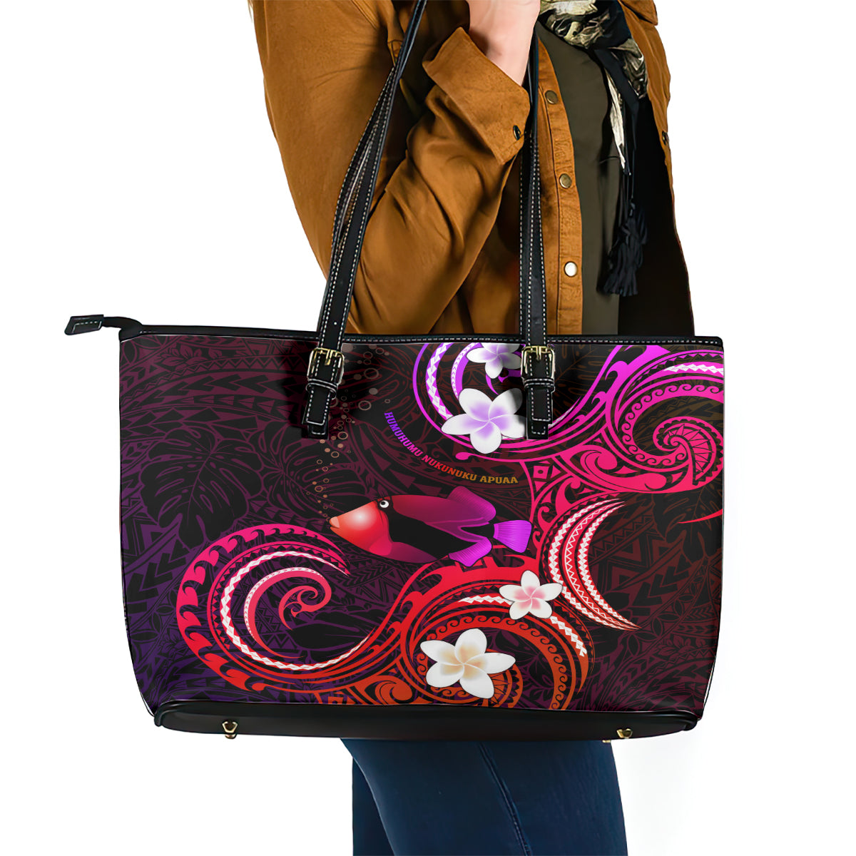 Hawaii Humuhumu Reef Triggerfish Leather Tote Bag Maroon With Plumeria LT05 - Polynesian Pride
