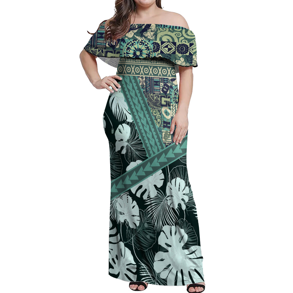 Hawaii Plant Kalo Off Shoulder Maxi Dress Hawaiian Tapa Pattern LT05 Women Green - Polynesian Pride