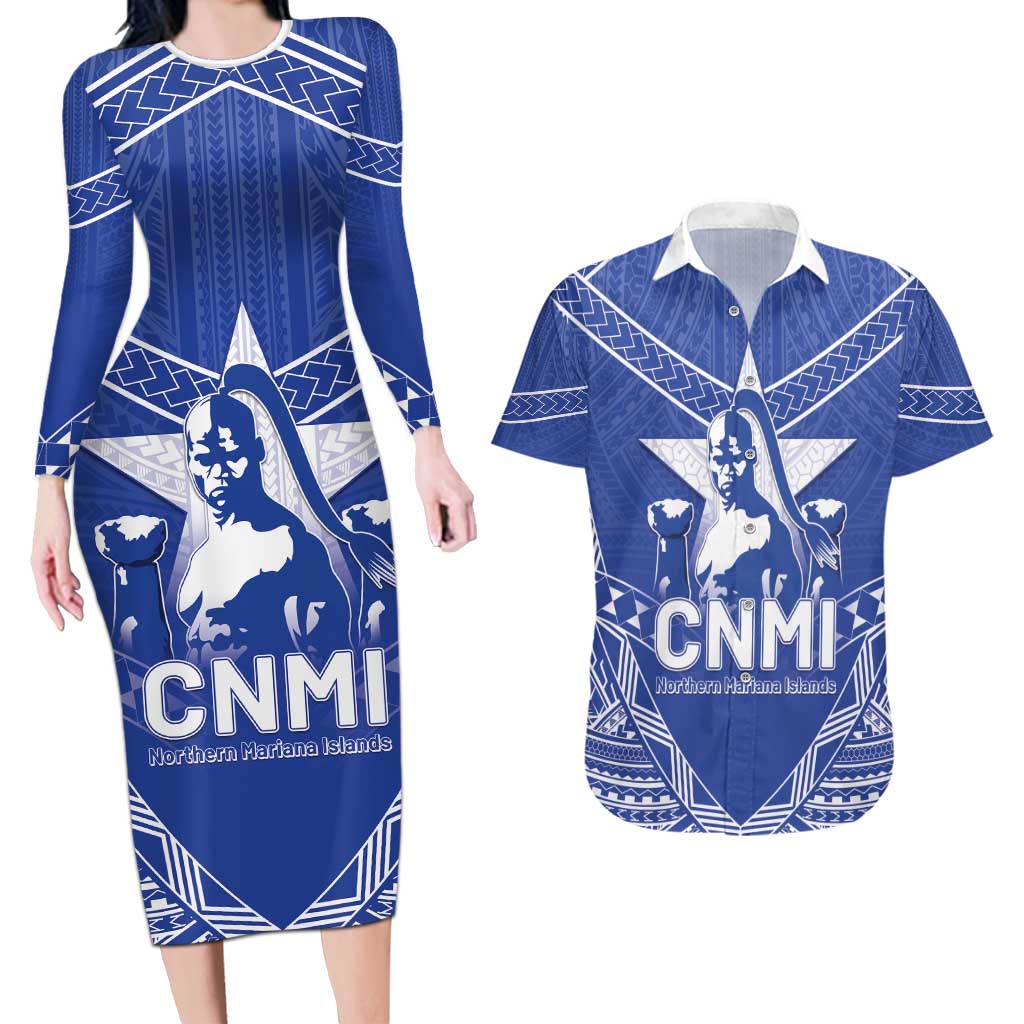 Northern Mariana Islands Couples Matching Long Sleeve Bodycon Dress and Hawaiian Shirt Chamorro Warrior Tribal Pattern