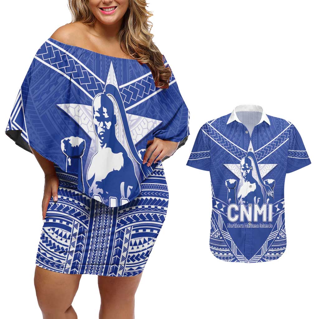 Northern Mariana Islands Couples Matching Off Shoulder Short Dress and Hawaiian Shirt Chamorro Warrior Tribal Pattern