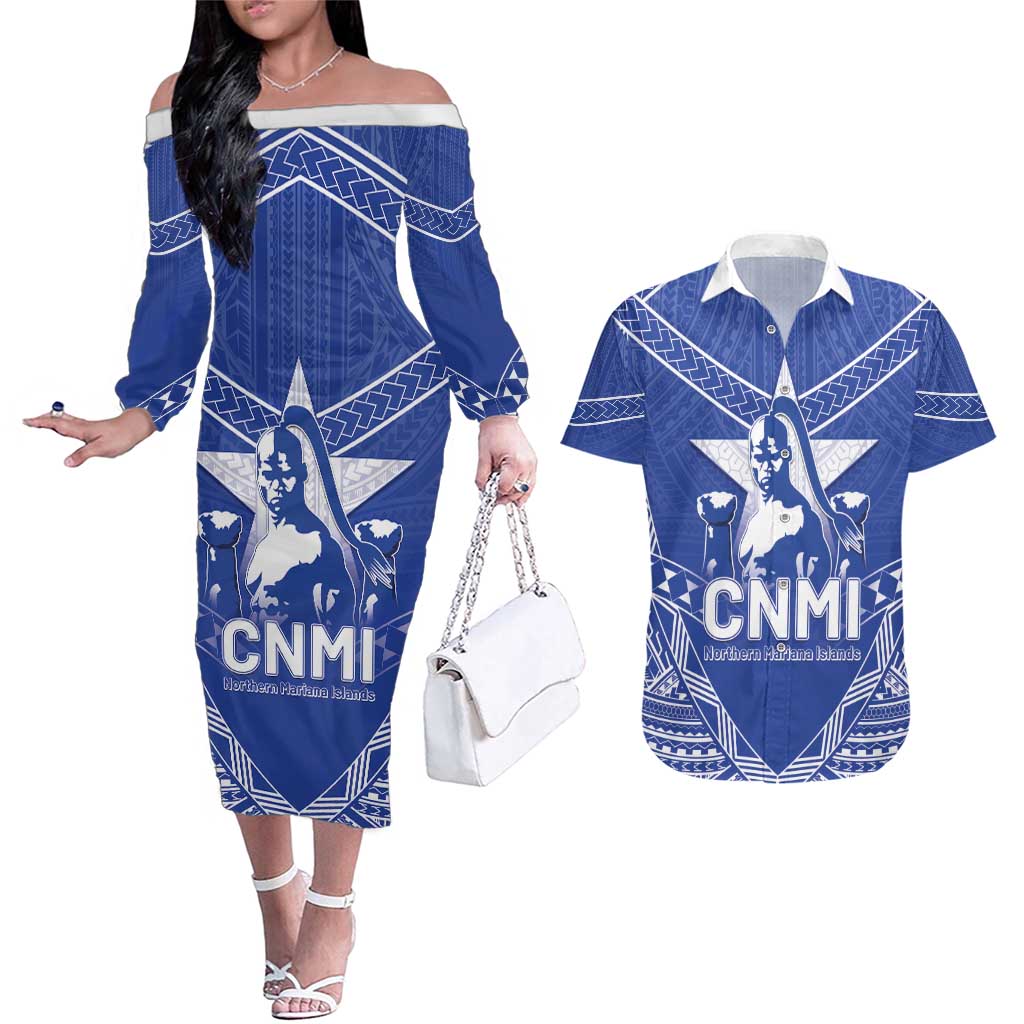 Northern Mariana Islands Couples Matching Off The Shoulder Long Sleeve Dress and Hawaiian Shirt Chamorro Warrior Tribal Pattern