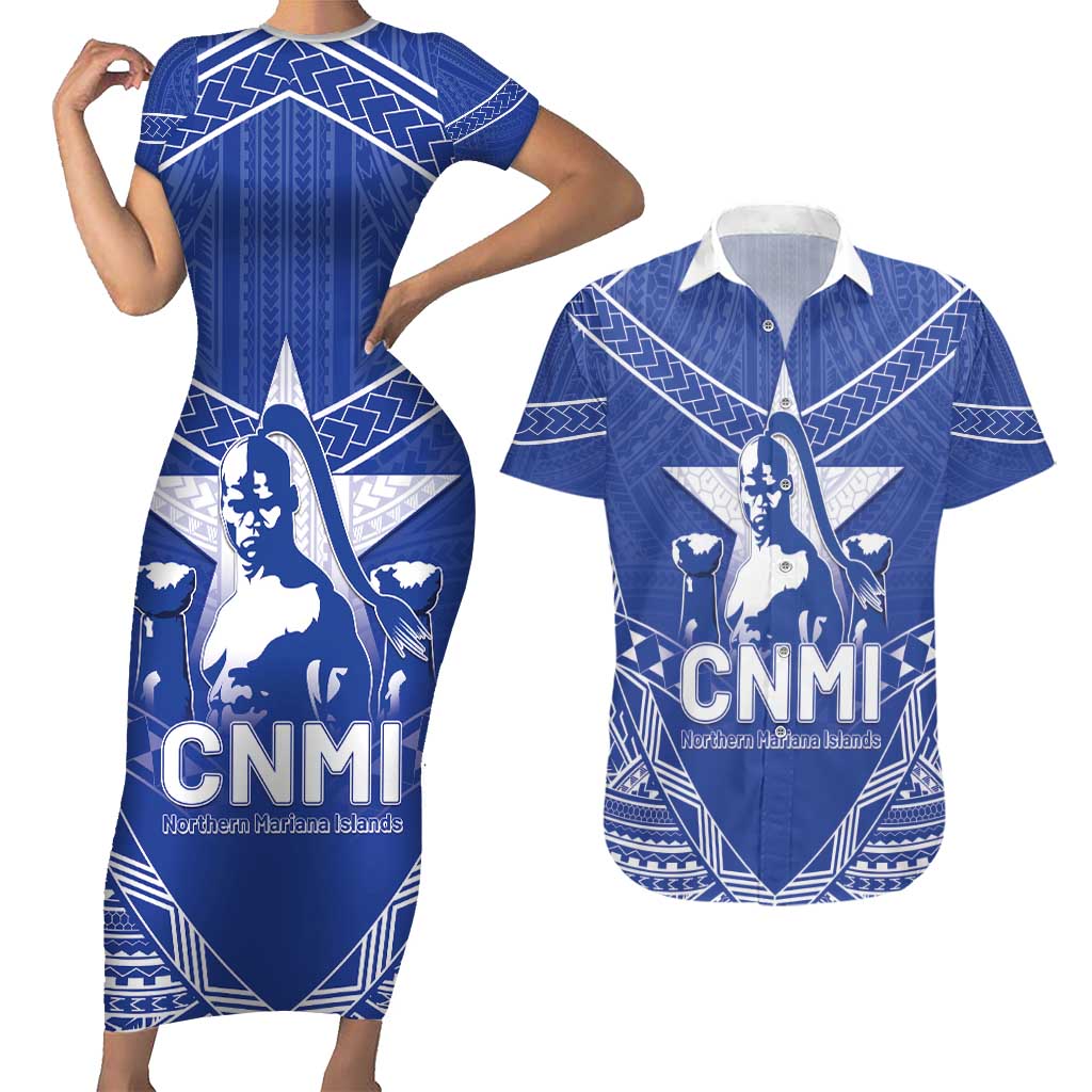 Northern Mariana Islands Couples Matching Short Sleeve Bodycon Dress and Hawaiian Shirt Chamorro Warrior Tribal Pattern