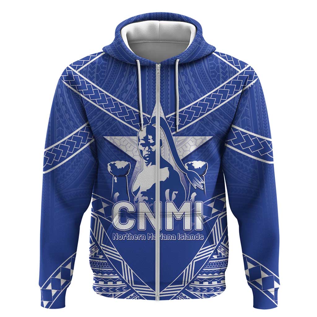 Northern Mariana Islands Hoodie Chamorro Warrior Tribal Pattern LT05 Zip Hoodie Blue - Polynesian Pride
