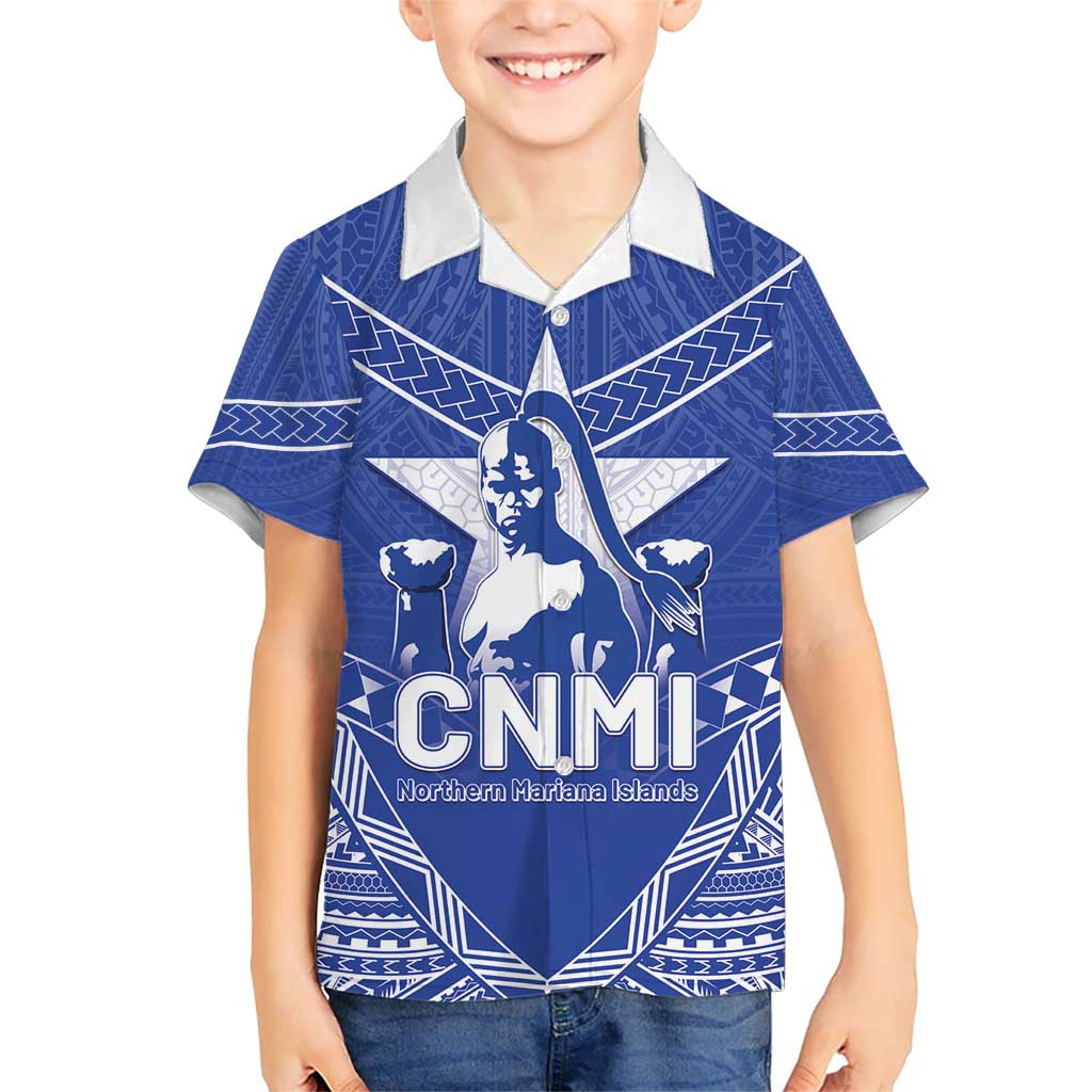 Northern Mariana Islands Kid Hawaiian Shirt Chamorro Warrior Tribal Pattern LT05 Kid Blue - Polynesian Pride
