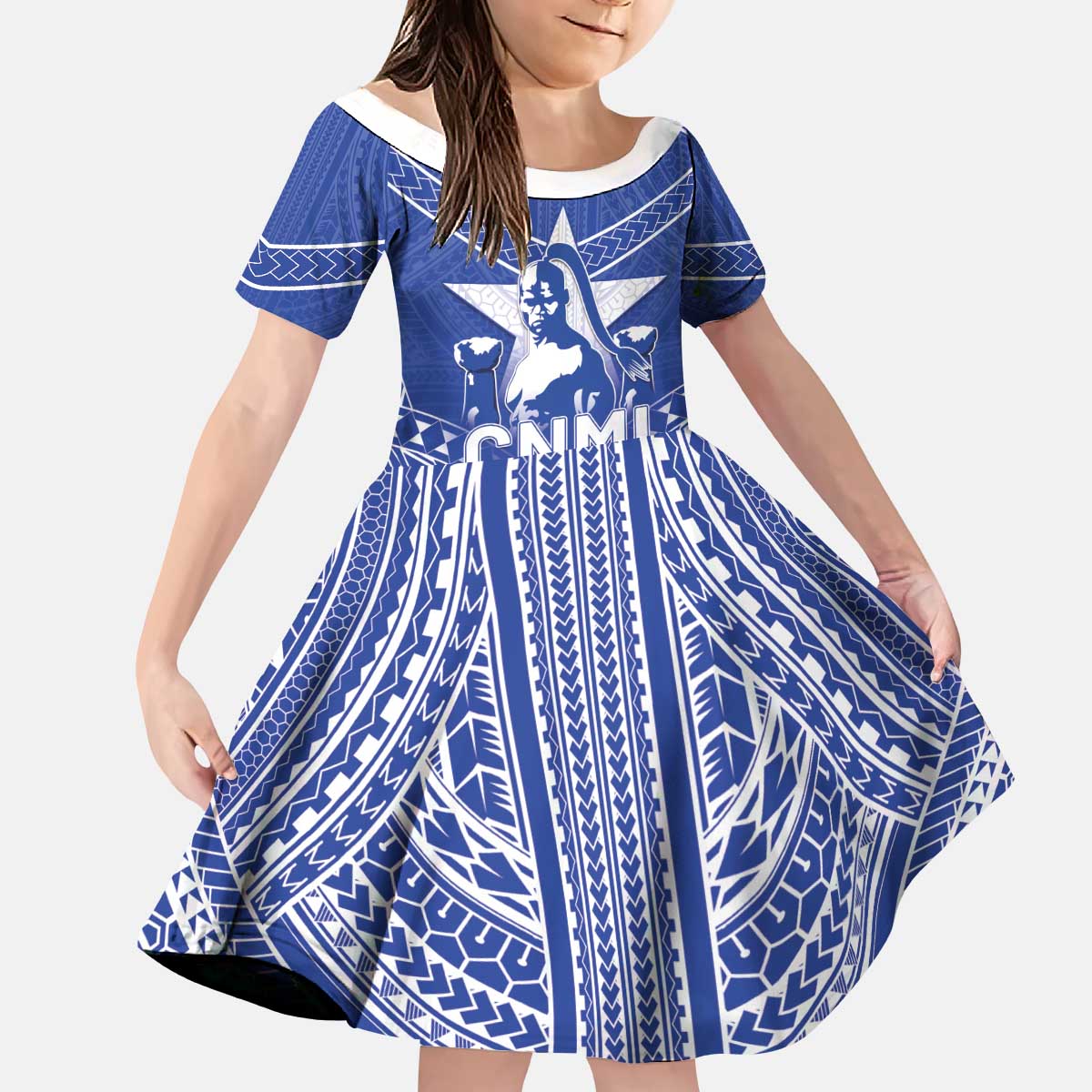 Northern Mariana Islands Kid Short Sleeve Dress Chamorro Warrior Tribal Pattern LT05 KID Blue - Polynesian Pride