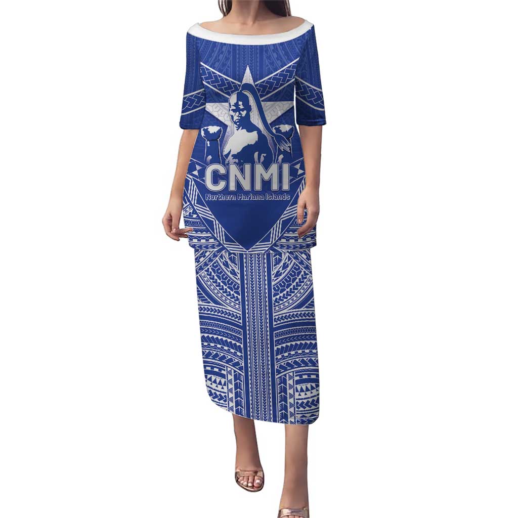 Northern Mariana Islands Puletasi Chamorro Warrior Tribal Pattern LT05 Long Dress Blue - Polynesian Pride