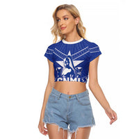 Northern Mariana Islands Raglan Cropped T Shirt Chamorro Warrior Tribal Pattern LT05 Female Blue - Polynesian Pride