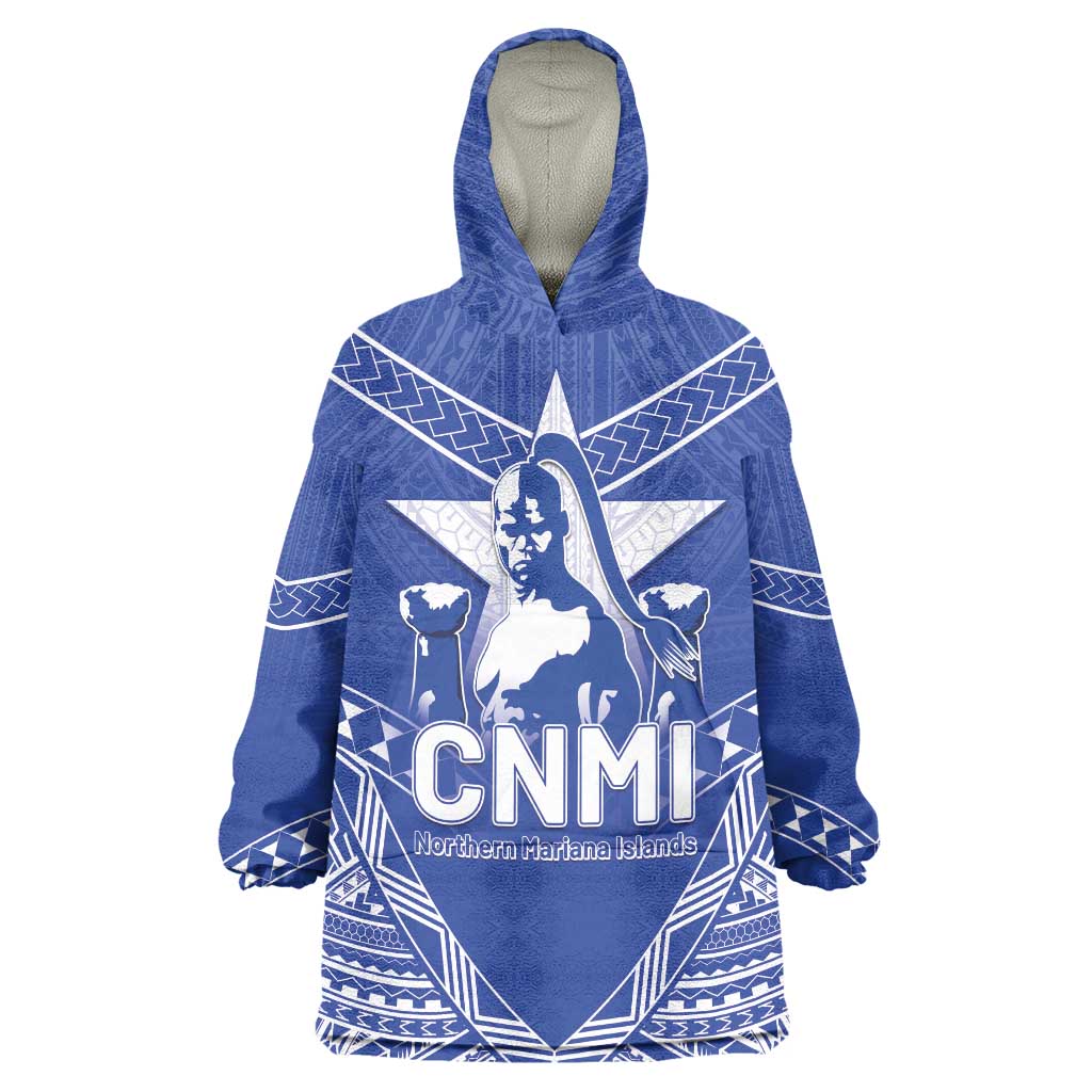 Northern Mariana Islands Wearable Blanket Hoodie Chamorro Warrior Tribal Pattern LT05 One Size Blue - Polynesian Pride