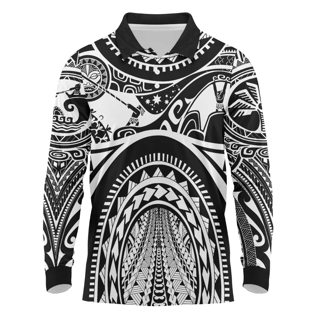 Polynesia Maui Tattoo Inspired Long Sleeve Polo Shirt Black Version LT05 Black - Polynesian Pride