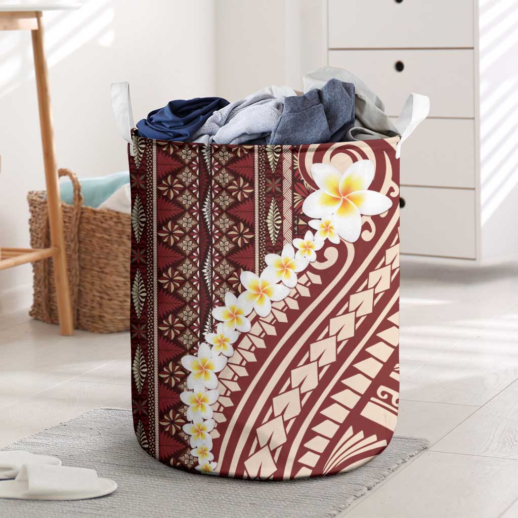 Red Vintage Tonga Ngatu Pattern With Plumeria Laundry Basket LT05 Red - Polynesian Pride