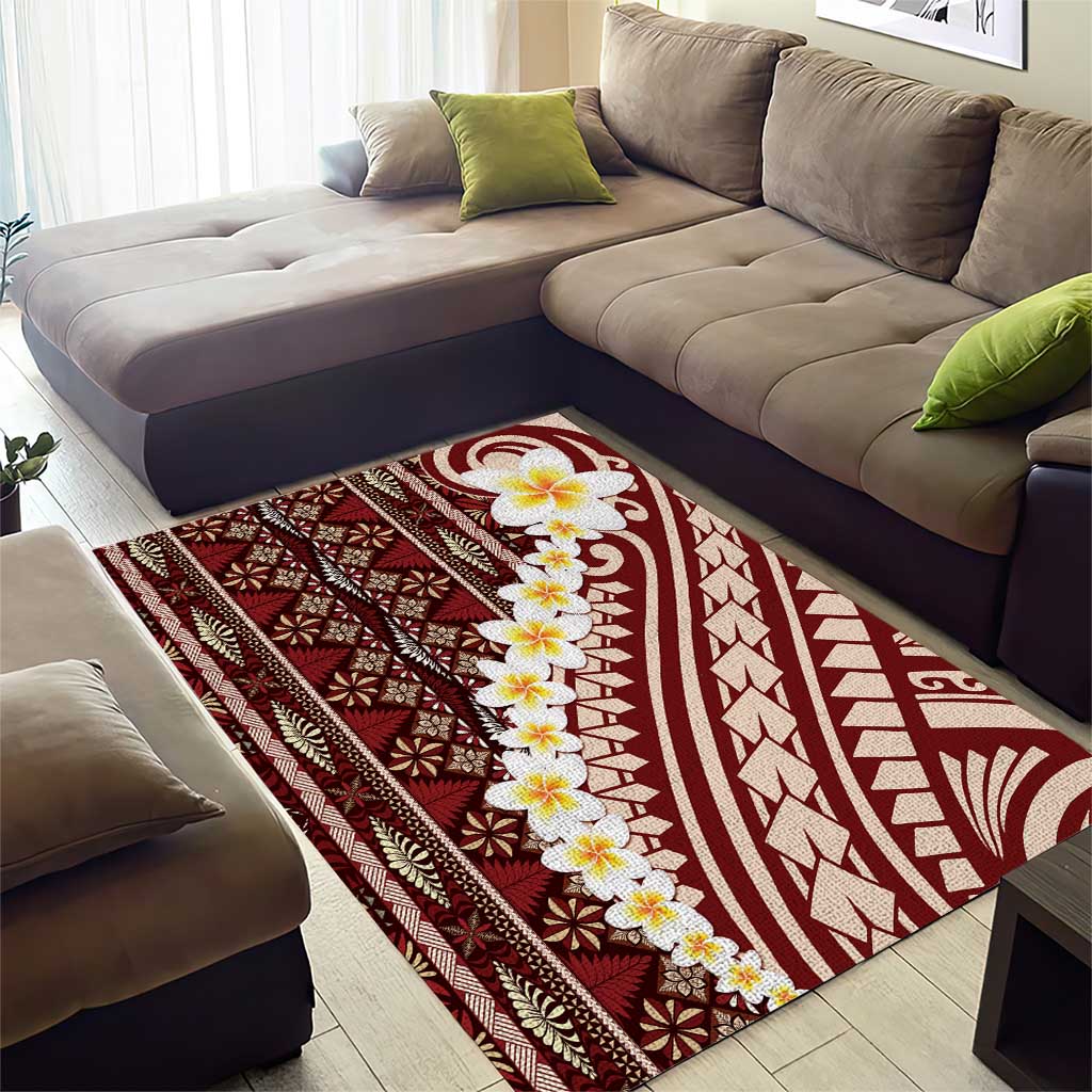 Red Vintage Tonga Ngatu Pattern With Plumeria Area Rug LT05 - Polynesian Pride