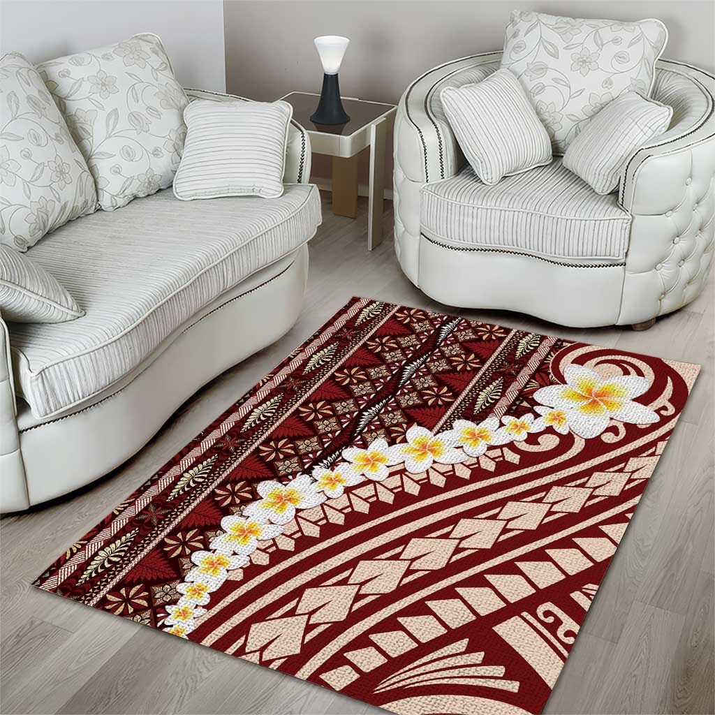 Red Vintage Tonga Ngatu Pattern With Plumeria Area Rug LT05 - Polynesian Pride