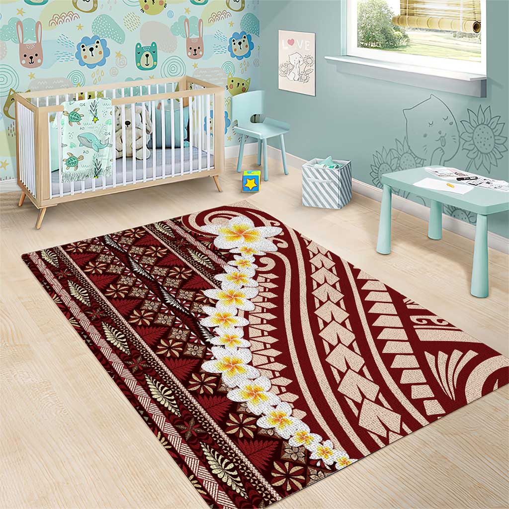 Red Vintage Tonga Ngatu Pattern With Plumeria Area Rug LT05 - Polynesian Pride