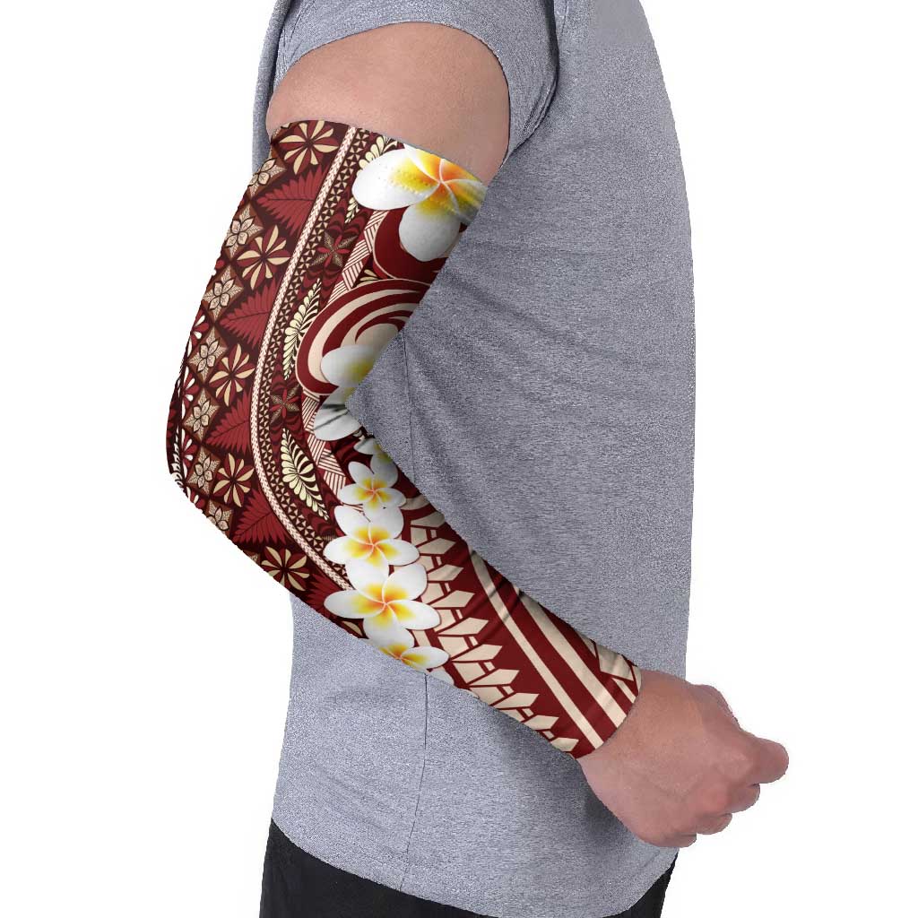 Red Vintage Tonga Ngatu Pattern With Plumeria Arm Sleeves LT05 - Polynesian Pride