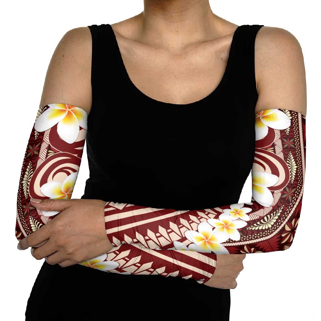 Red Vintage Tonga Ngatu Pattern With Plumeria Arm Sleeves LT05 - Polynesian Pride