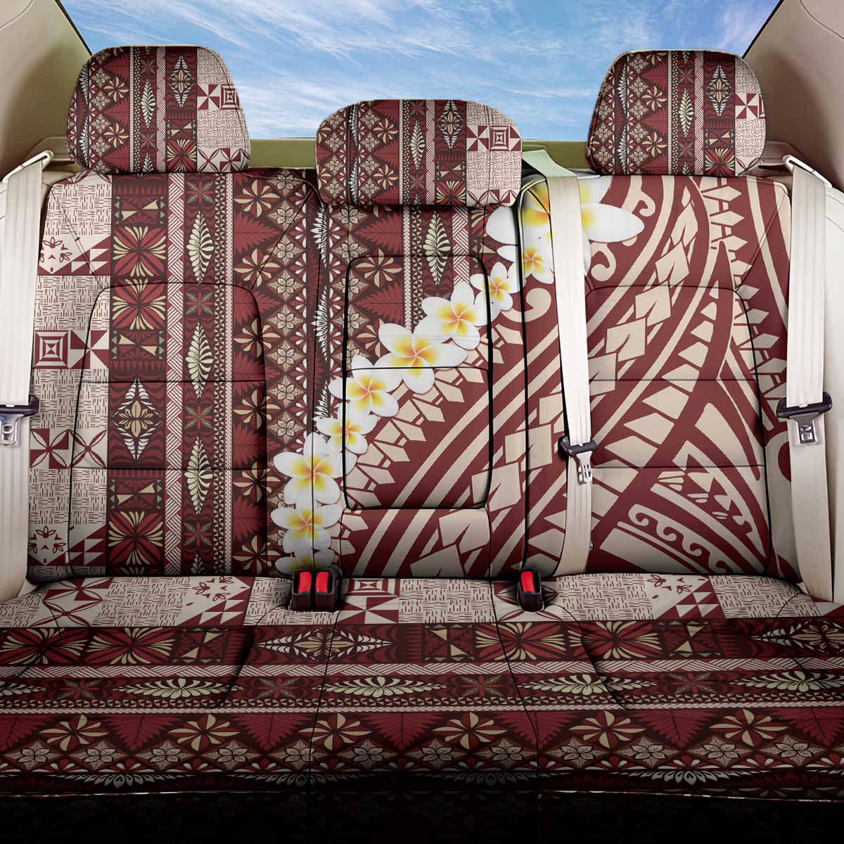 Red Vintage Tonga Ngatu Pattern With Plumeria Back Car Seat Cover LT05 One Size Red - Polynesian Pride