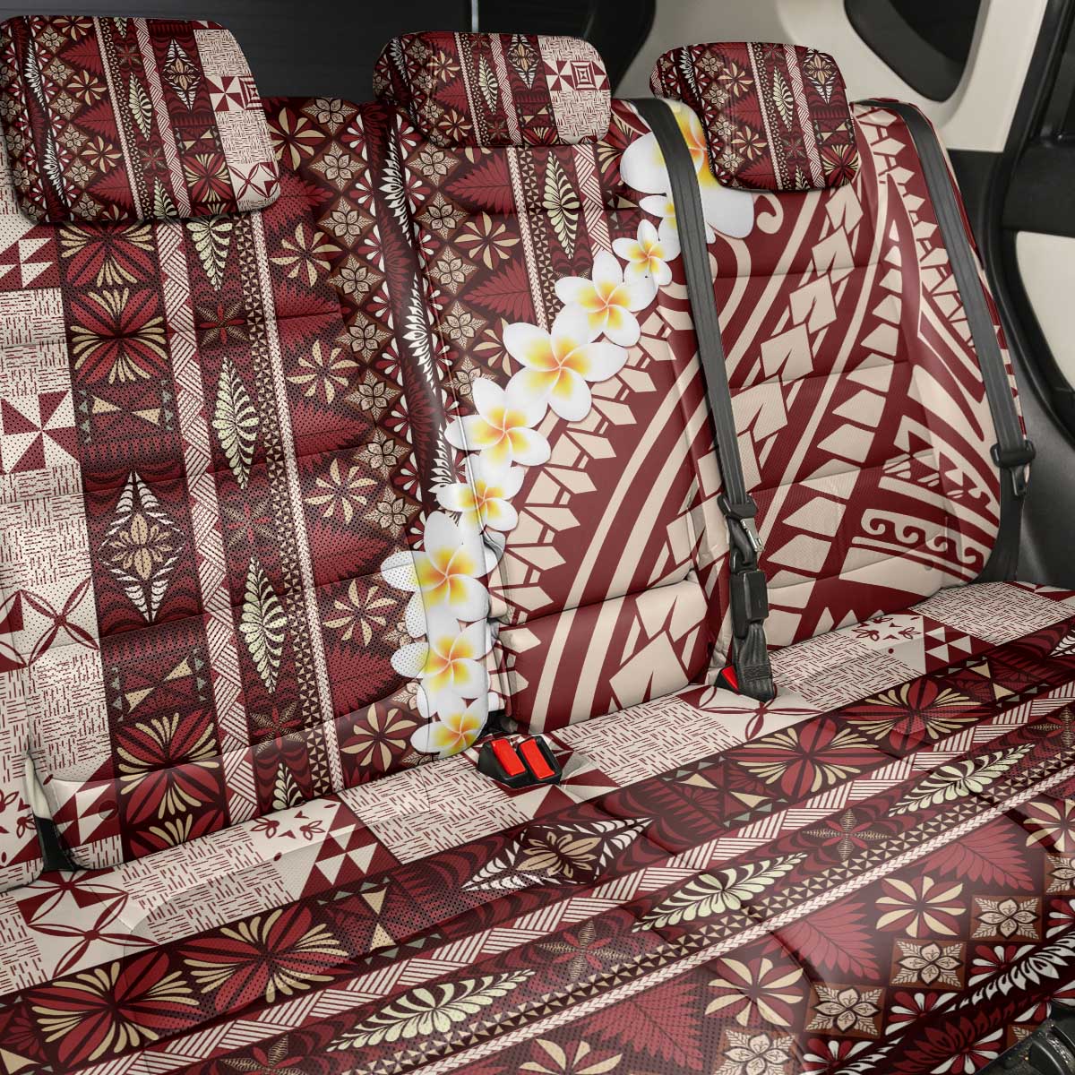 Red Vintage Tonga Ngatu Pattern With Plumeria Back Car Seat Cover LT05 - Polynesian Pride