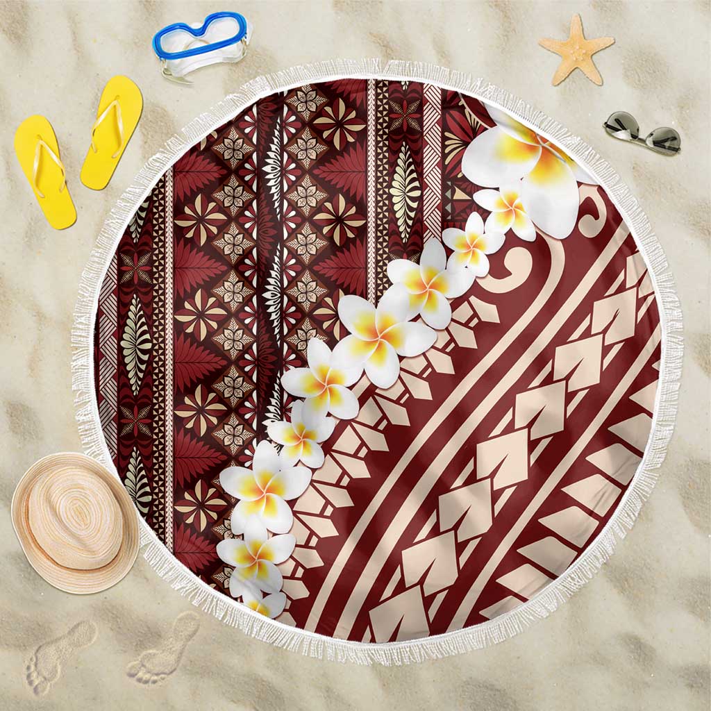 Red Vintage Tonga Ngatu Pattern With Plumeria Beach Blanket LT05 One Size 150cm Red - Polynesian Pride