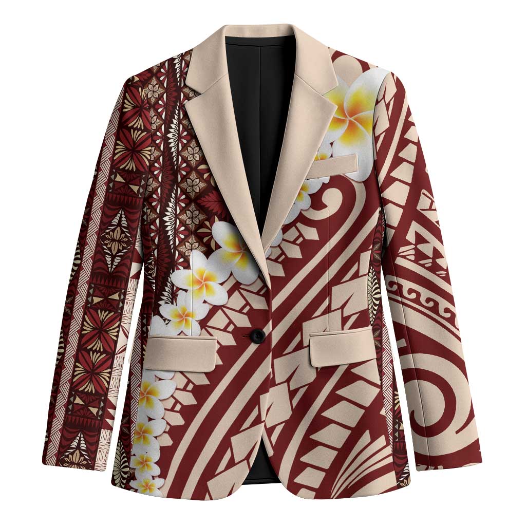 Red Vintage Tonga Ngatu Pattern With Plumeria Blazer LT05 Unisex Red - Polynesian Pride
