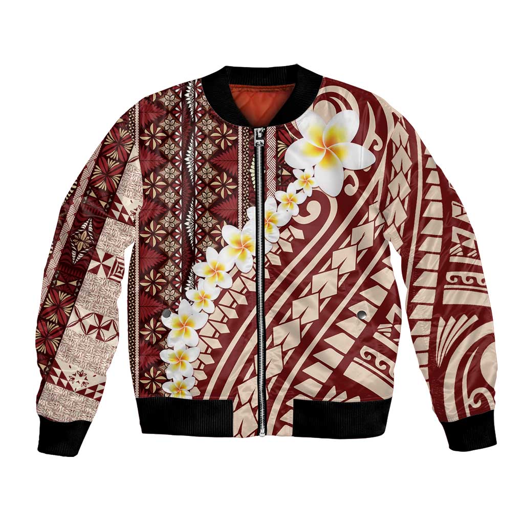 Red Vintage Tonga Ngatu Pattern With Plumeria Bomber Jacket LT05 Unisex Red - Polynesian Pride