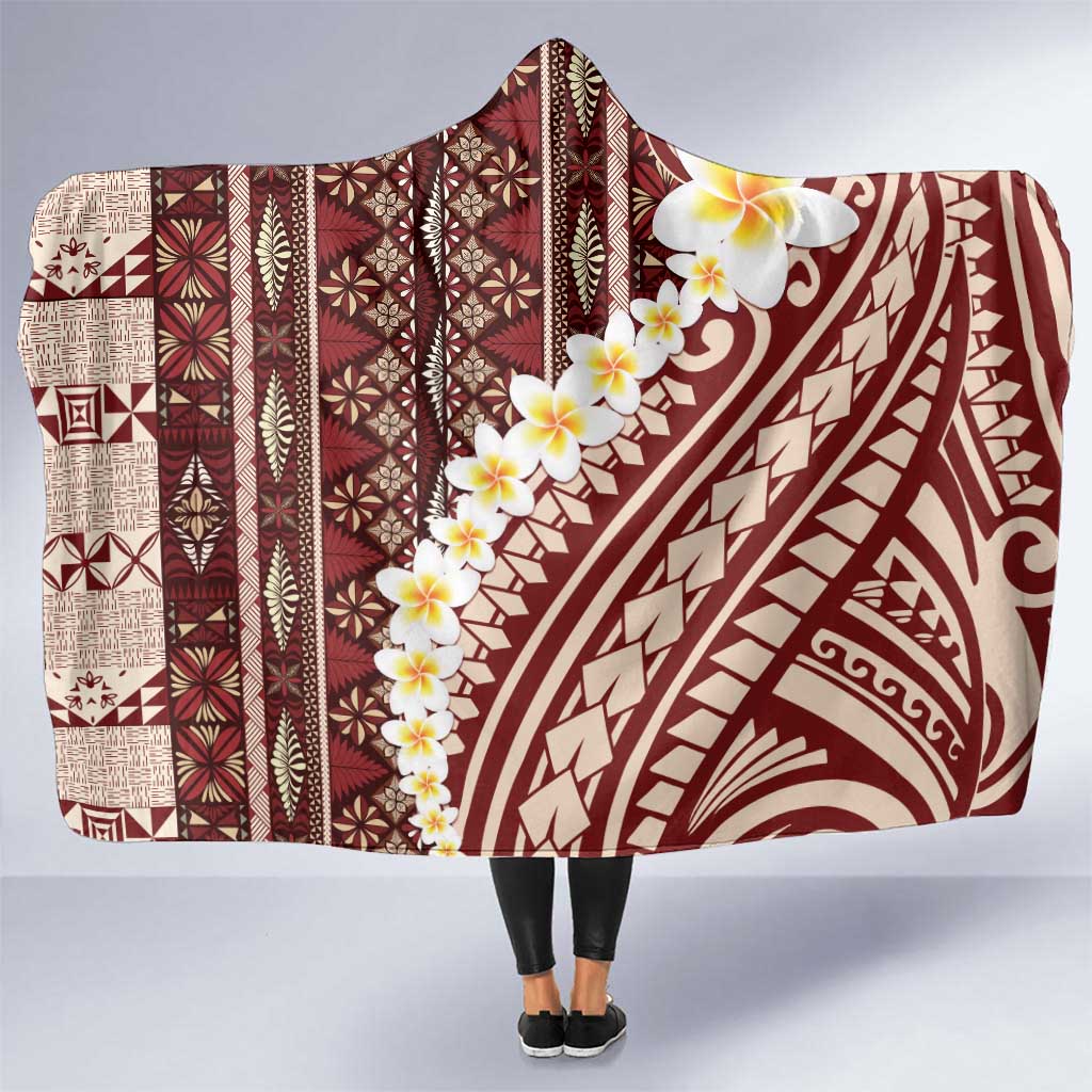 Red Vintage Tonga Ngatu Pattern With Plumeria Hooded Blanket LT05 One Size Red - Polynesian Pride