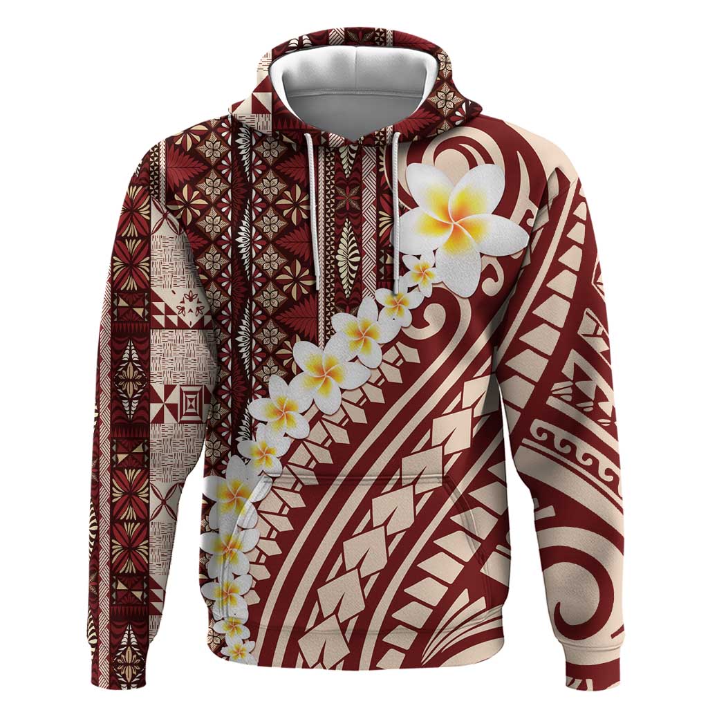 Red Vintage Tonga Ngatu Pattern With Plumeria Hoodie LT05 Pullover Hoodie Red - Polynesian Pride