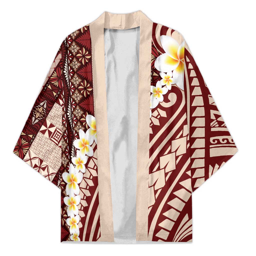 Red Vintage Tonga Ngatu Pattern With Plumeria Kimono LT05 Unisex Red - Polynesian Pride