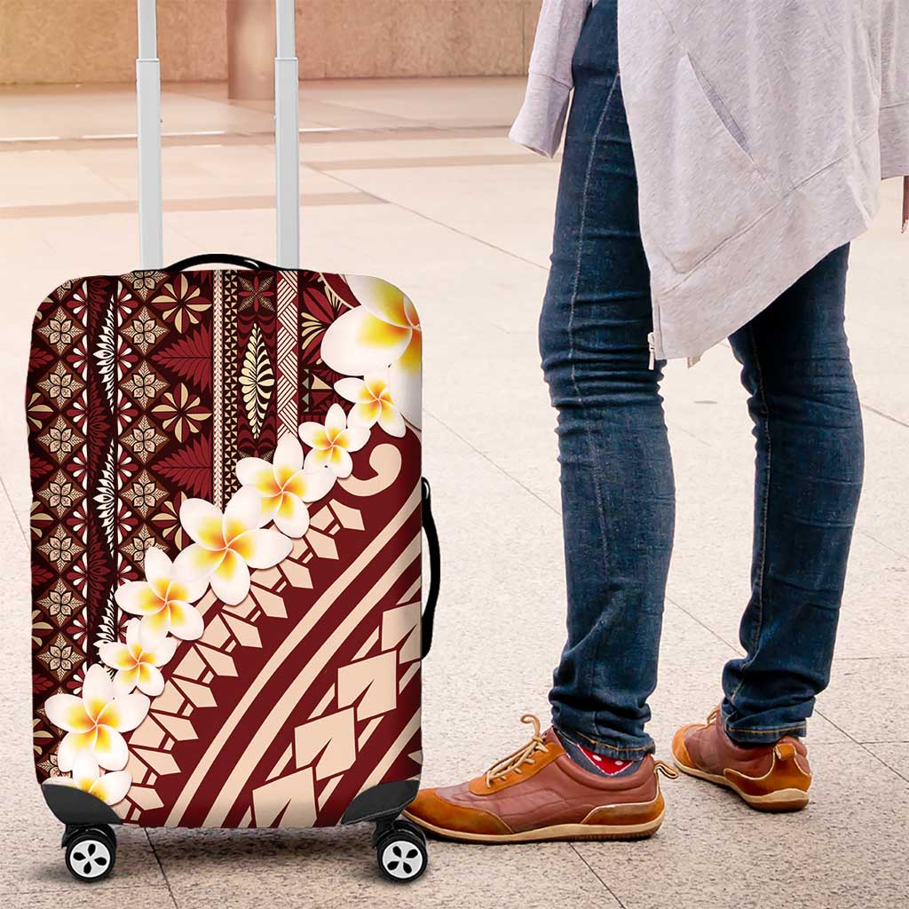Red Vintage Tonga Ngatu Pattern With Plumeria Luggage Cover LT05 Red - Polynesian Pride