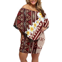 Red Vintage Tonga Ngatu Pattern With Plumeria Off Shoulder Short Dress LT05 Women Red - Polynesian Pride