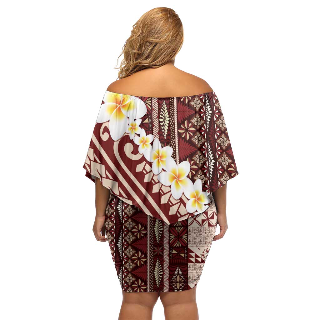 Red Vintage Tonga Ngatu Pattern With Plumeria Off Shoulder Short Dress LT05 - Polynesian Pride