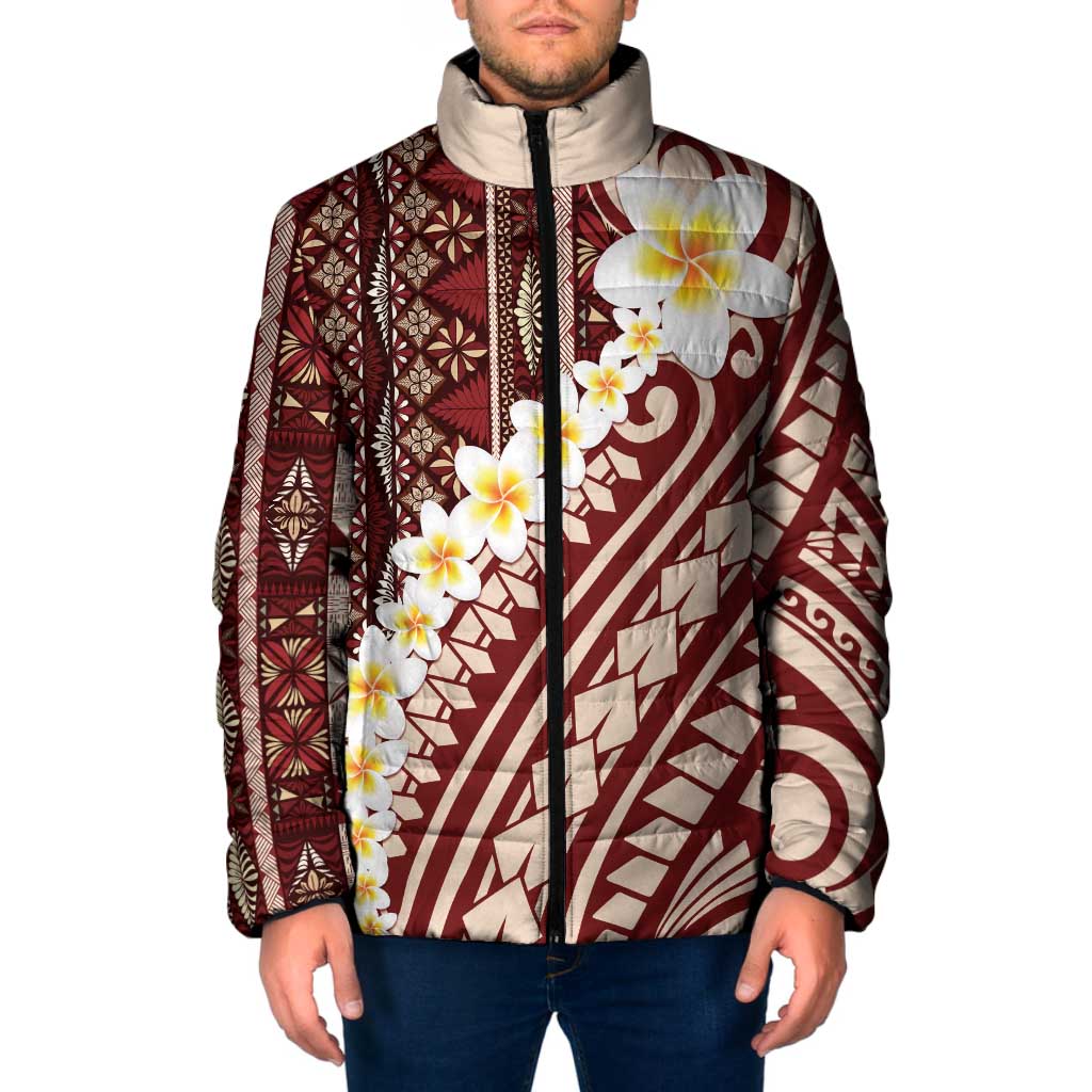 Red Vintage Tonga Ngatu Pattern With Plumeria Padded Jacket LT05 Men Red - Polynesian Pride
