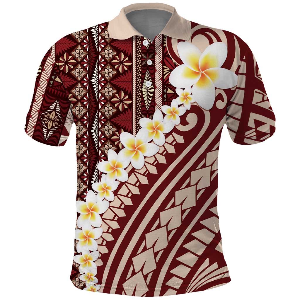 Red Vintage Tonga Ngatu Pattern With Plumeria Polo Shirt LT05 Red - Polynesian Pride