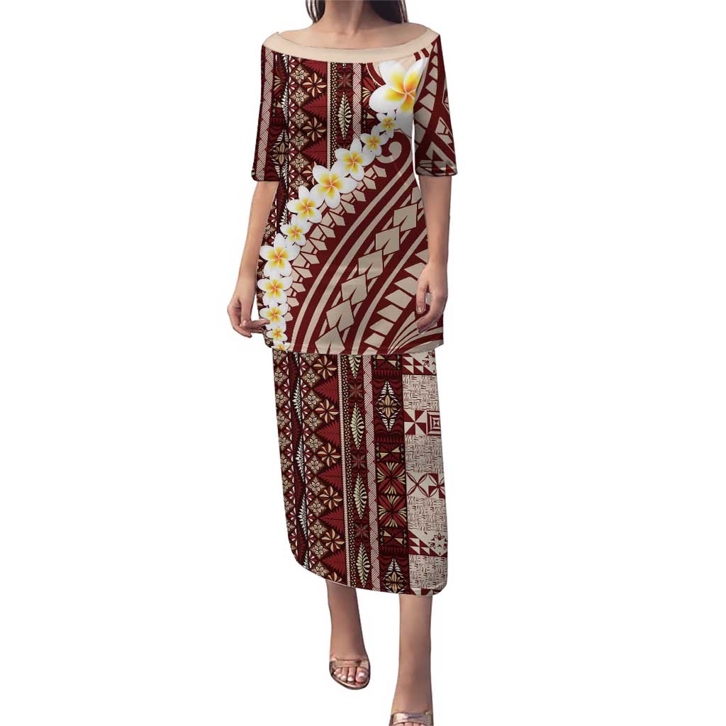 Red Vintage Tonga Ngatu Pattern With Plumeria Puletasi LT05 Long Dress Red - Polynesian Pride