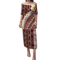 Red Vintage Tonga Ngatu Pattern With Plumeria Puletasi LT05 Long Dress Red - Polynesian Pride