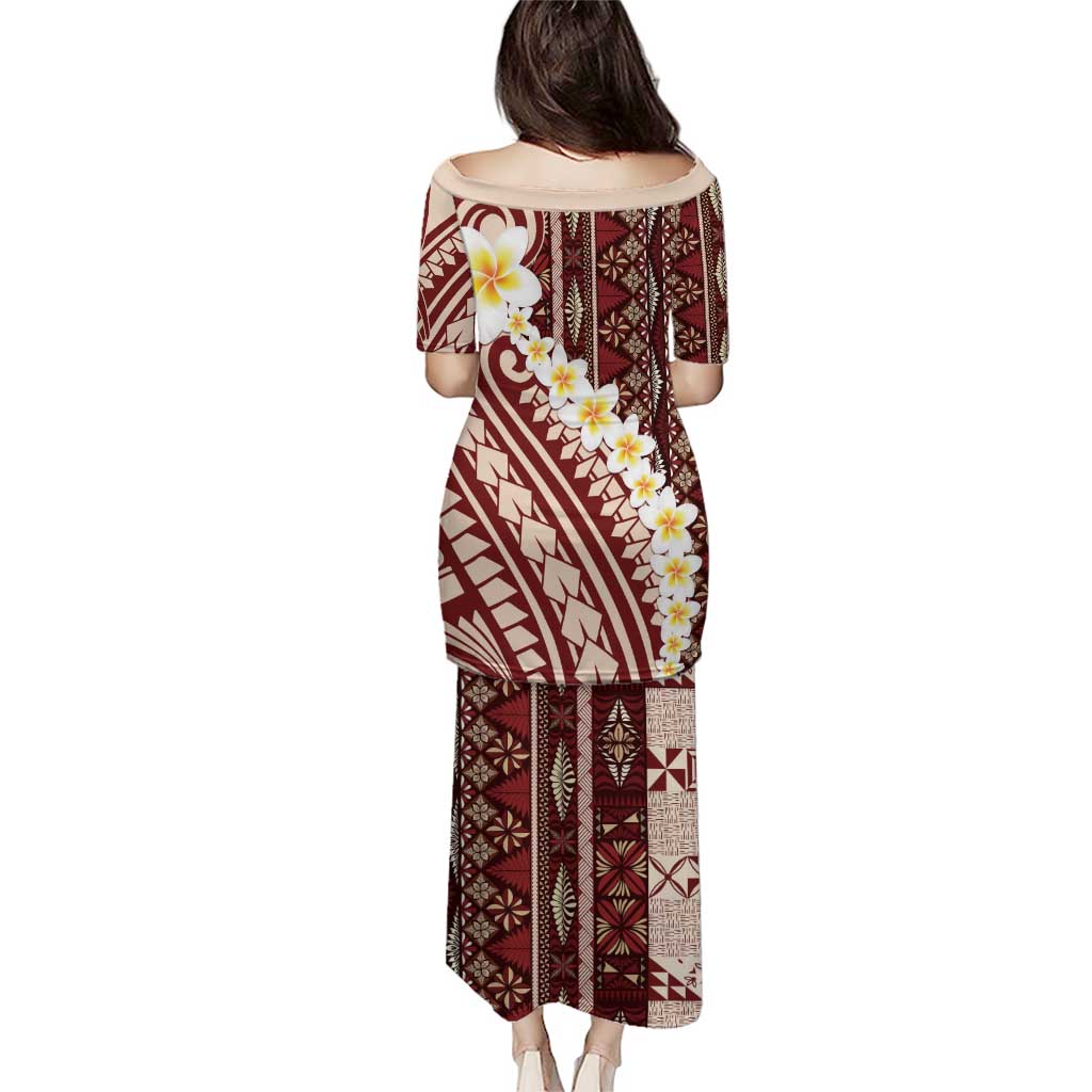 Red Vintage Tonga Ngatu Pattern With Plumeria Puletasi LT05 - Polynesian Pride