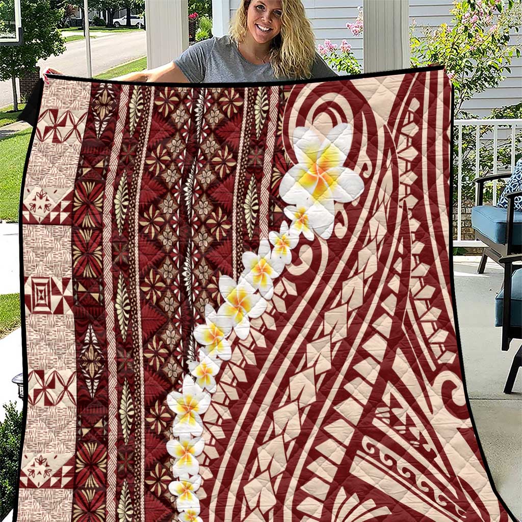 Red Vintage Tonga Ngatu Pattern With Plumeria Quilt LT05 Red - Polynesian Pride