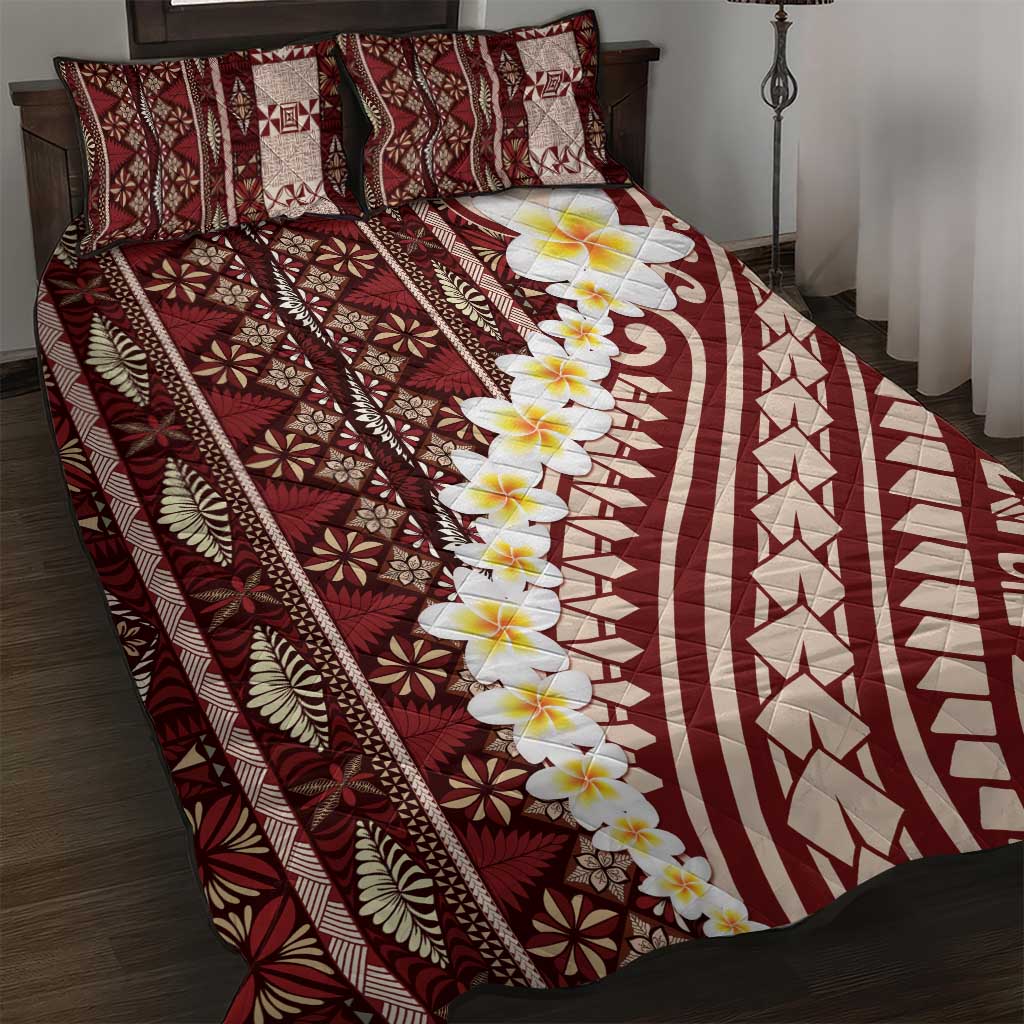 Red Vintage Tonga Ngatu Pattern With Plumeria Quilt Bed Set LT05 Red - Polynesian Pride
