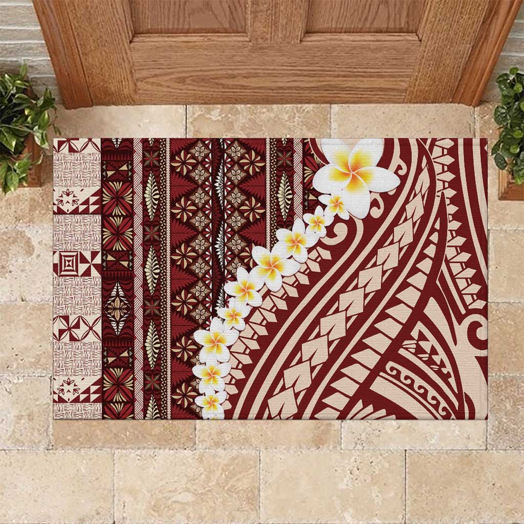 Red Vintage Tonga Ngatu Pattern With Plumeria Rubber Doormat LT05 Red - Polynesian Pride