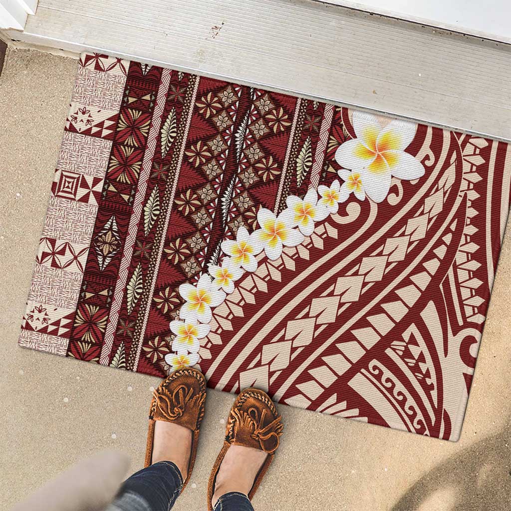 Red Vintage Tonga Ngatu Pattern With Plumeria Rubber Doormat LT05 - Polynesian Pride