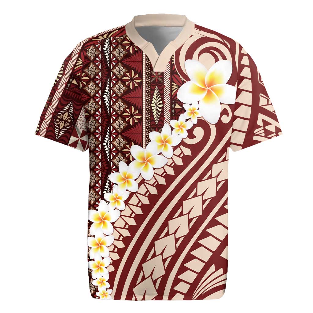 Red Vintage Tonga Ngatu Pattern With Plumeria Rugby Jersey LT05 Red - Polynesian Pride