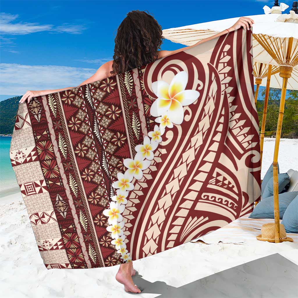 Red Vintage Tonga Ngatu Pattern With Plumeria Sarong LT05 One Size 44 x 66 inches Red - Polynesian Pride