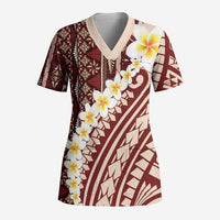 Red Vintage Tonga Ngatu Pattern With Plumeria Scrub Top LT05 Adult Red - Polynesian Pride