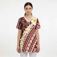 Red Vintage Tonga Ngatu Pattern With Plumeria Scrub Top LT05 - Polynesian Pride