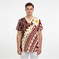 Red Vintage Tonga Ngatu Pattern With Plumeria Scrub Top LT05 - Polynesian Pride
