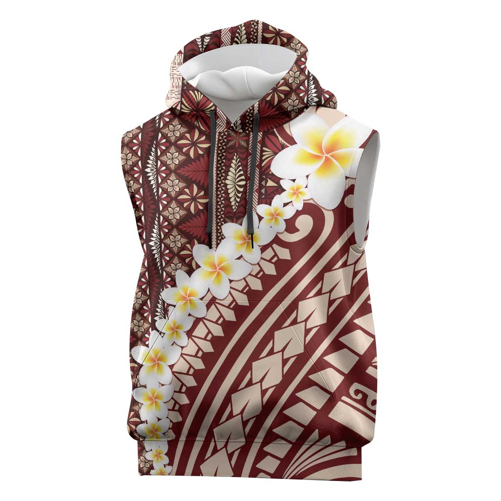 Red Vintage Tonga Ngatu Pattern With Plumeria Sleeveless Hoodie LT05 Red - Polynesian Pride