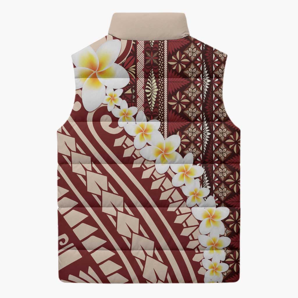 Red Vintage Tonga Ngatu Pattern With Plumeria Sleeveless Puffer Jacket LT05 - Polynesian Pride