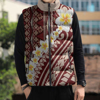 Red Vintage Tonga Ngatu Pattern With Plumeria Sleeveless Puffer Jacket LT05 - Polynesian Pride