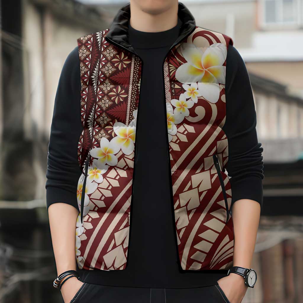 Red Vintage Tonga Ngatu Pattern With Plumeria Sleeveless Puffer Jacket LT05 - Polynesian Pride